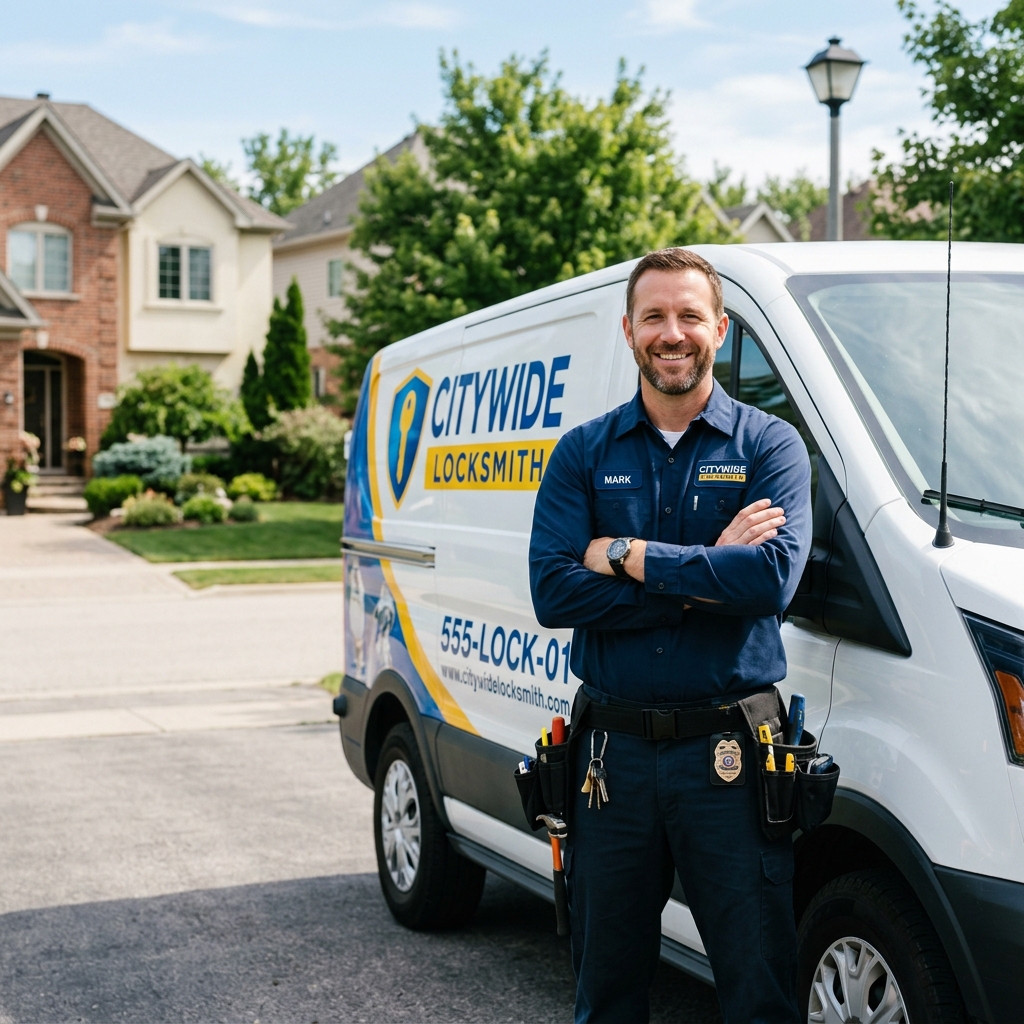 Quality Locksmith technician standing by service van